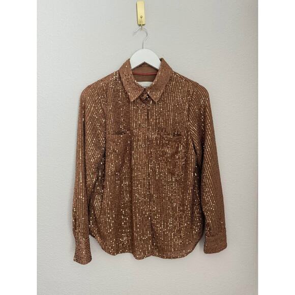 Anthropologie Women’s Sequin Holiday Preppy Versatile‎ Button Down Sz M - Picture 2 of 7